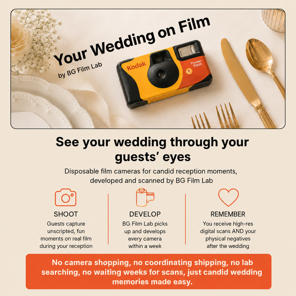 Kodak disposable film camera with wedding reception items on a tablecloth, promoting 'Your Wedding on Film' service by BG Film Lab.
